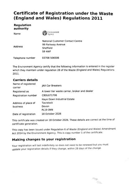 Waste carrier registration certificate